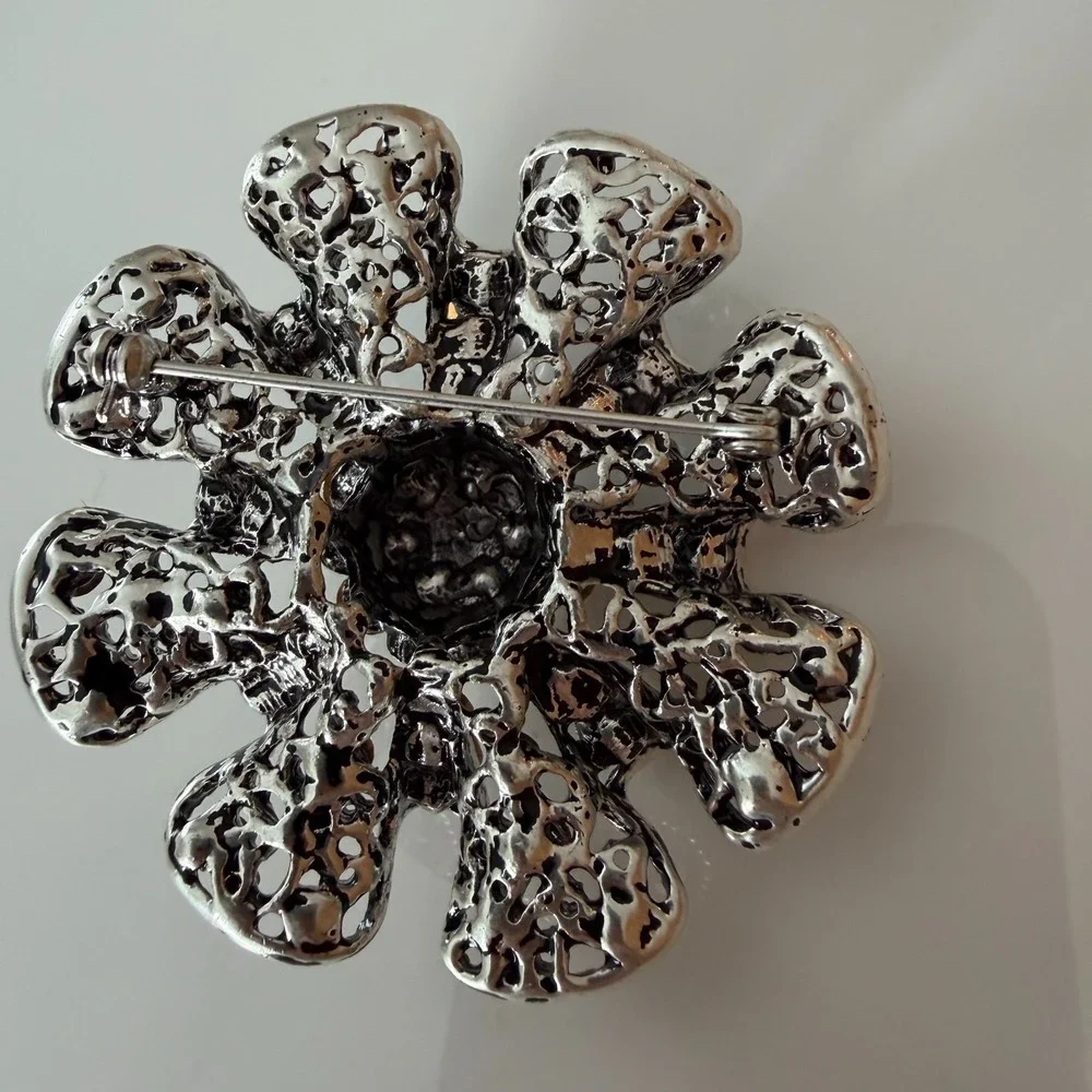 Vintage Rhinestone Statement Ruffle Edge Brooch Sparkle Silver Tone Clear Stones